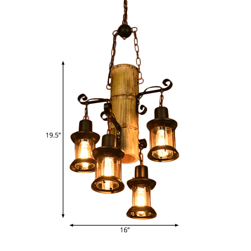 Éclairage de pendentif noir 4 lanterne légère / bougie en verre clair en verre transparent / lustre en marbre avec étagère en bambou