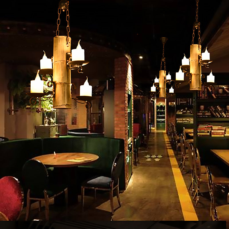 Éclairage de pendentif noir 4 lanterne légère / bougie en verre clair en verre transparent / lustre en marbre avec étagère en bambou