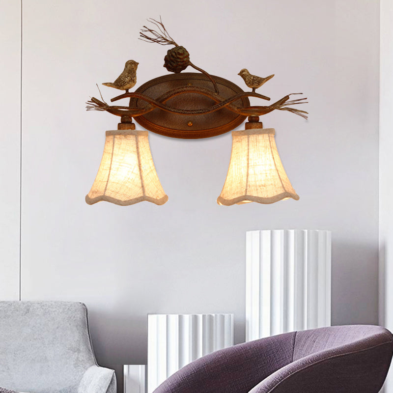 Rust Scalloped Wall Lighting Traditional Metal 2/3 Lights Bedroom Sconce Lamp with White Fabric Shade