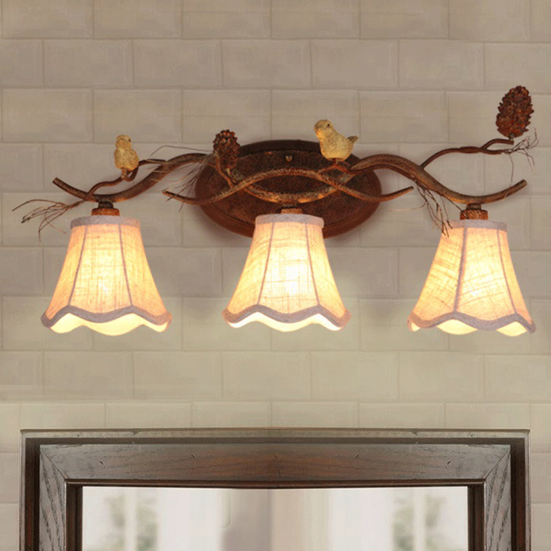 Rust Scalloped Wall Lighting Traditional Metal 2/3 Lights Bedroom Sconce Lamp with White Fabric Shade