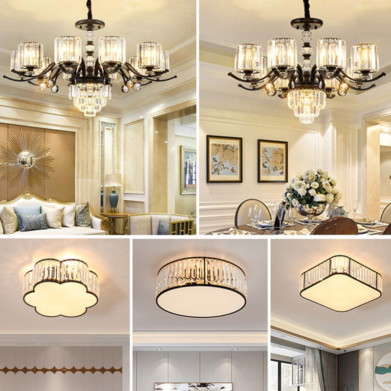 Cilíndrico Candelier Modernista Comedor de cristal transparente Luz de techo colgante en negro