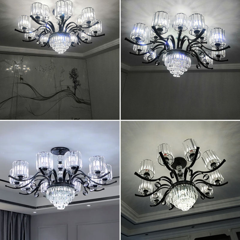 Cilíndrico Candelier Modernista Comedor de cristal transparente Luz de techo colgante en negro