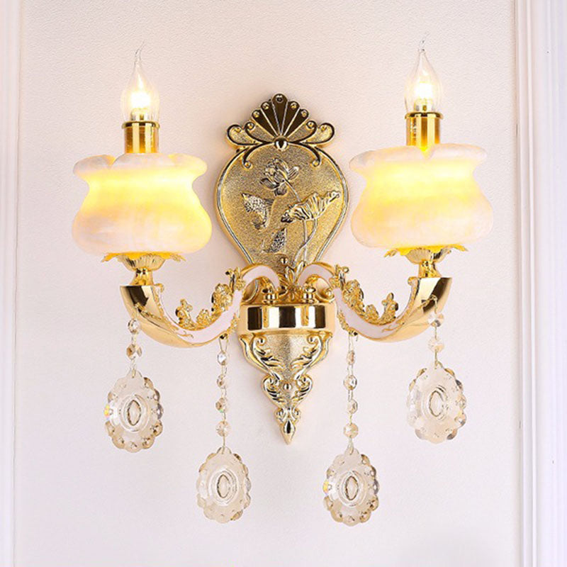 Glazen bloem wandmontage licht modernistische gouden wandlamp sconce met kristaldruppel