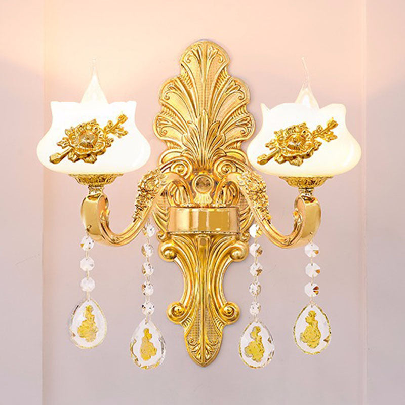 Glazen bloem wandmontage licht modernistische gouden wandlamp sconce met kristaldruppel