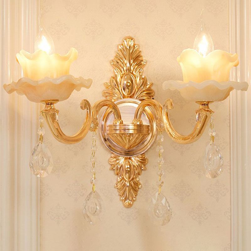 Glazen bloem wandmontage licht modernistische gouden wandlamp sconce met kristaldruppel