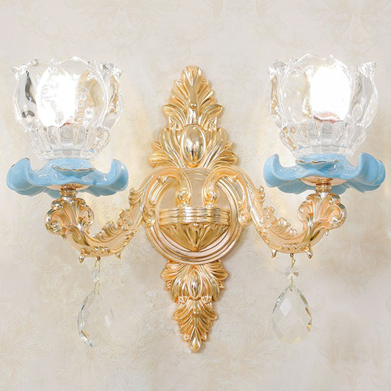 Glazen bloem wandmontage licht modernistische gouden wandlamp sconce met kristaldruppel