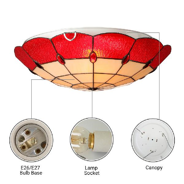 Bedroom Ceiling Light Tiffany Style 12"/16"/19.5" W Dome Shade Flush Mount Light with Jewel Decoration in Red