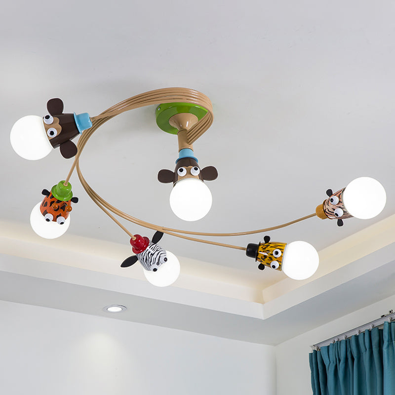 Cartoon Curred Cosil Hang Fixture Bedroomet Metal Semi Flush Mount Light in Coffee