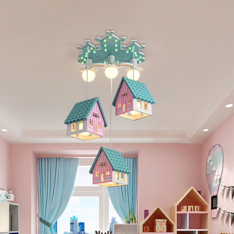 House Shaped Nursery Ceiling Lamp Wood 6 Bulbs Creative Chandelier Pendant Lighting