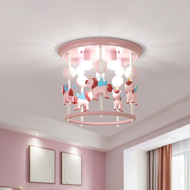 Merry-Go-Round Nursery Flush Ceiling Light Resin 6 Heads Kid Semi Flush Mount Light Fixture