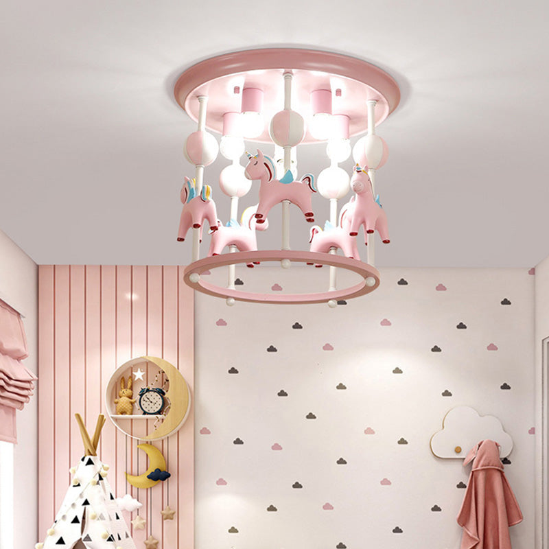 Merry-Go-Round Nursery Flush Ceiling Light Resin 6 Heads Kid Semi Flush Mount Light Fixture