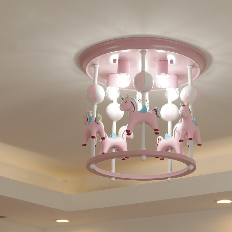 Merry-Go-Round Nursery Flush Ceiling Light Resin 6 Heads Kid Semi Flush Mount Light Fixture