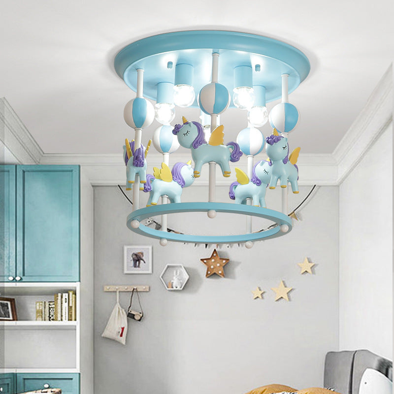 Merry-Go-Round Nursery Flush Ceiling Light Resin 6 Heads Kid Semi Flush Mount Light Fixture