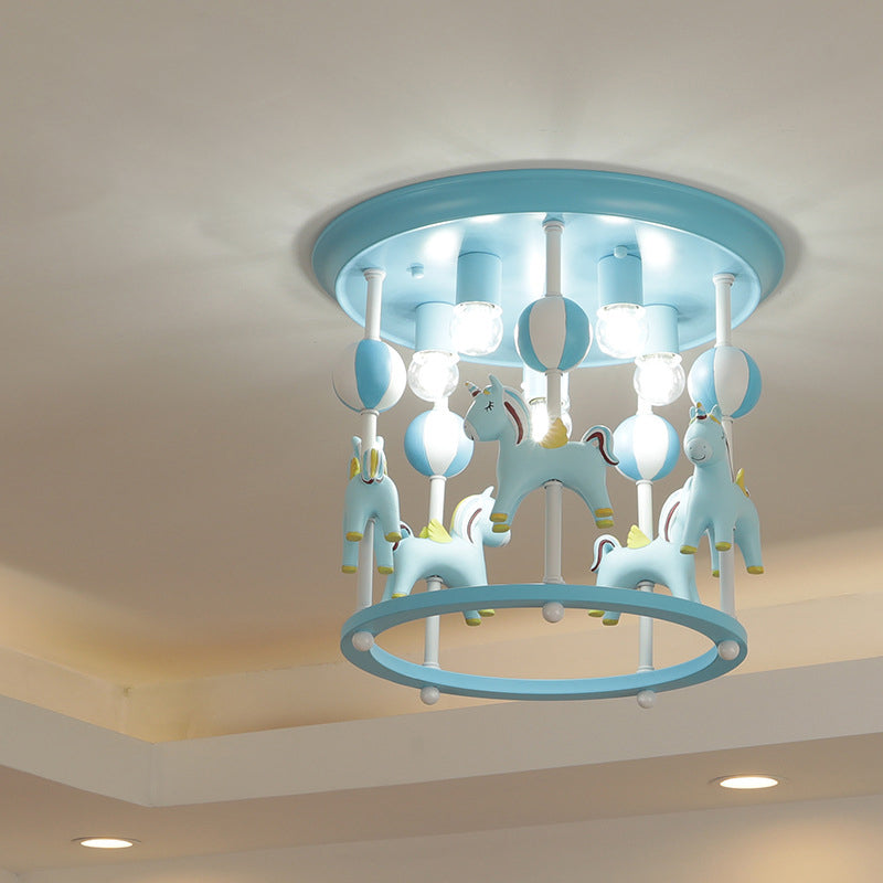 Merry-Go-Round Nursery Flush Ceiling Light Resin 6 Heads Kid Semi Flush Mount Light Fixture
