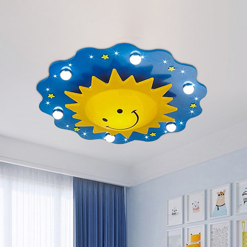 Blue Sun Flush Mount Lamp Cartoon 7 Heads Wood Flushmount Ceiling Fixture for Nursery