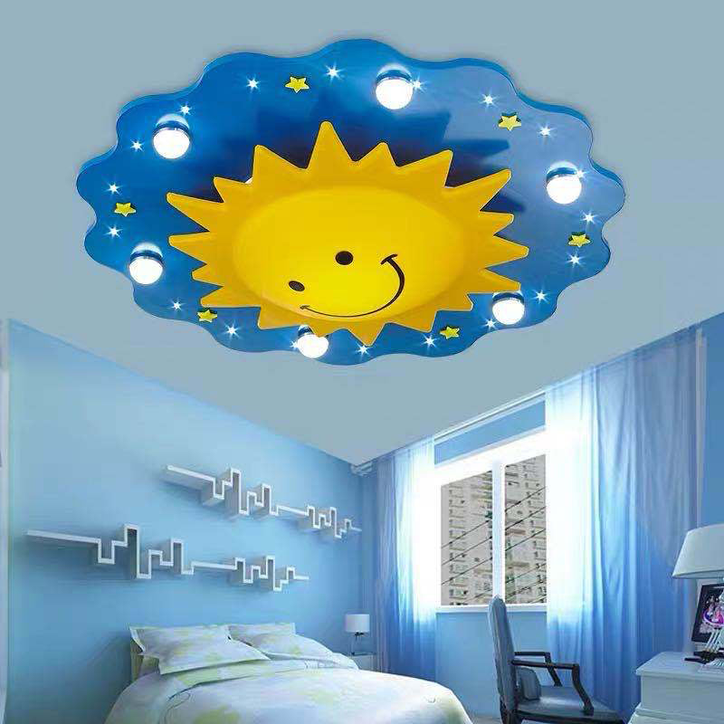 Blue Sun Flush Mount Lamp-Cartoon 7 Köpfe Holz-Flushmount Deckenbefestigung für Nursery