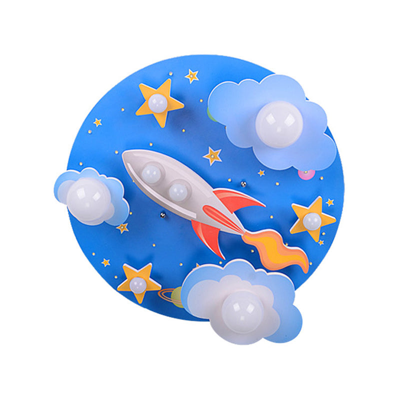 Cloud and Star Wood Flush Mount Lighting Creative 8 Heads Blue Flush Mount Lamp for Bedroom