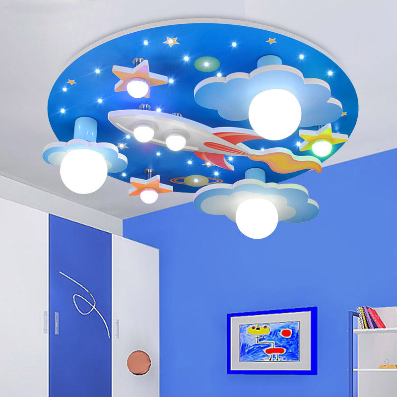 Cloud and Star Wood Flush Mount Lighting Creative 8 Heads Blue Flush Mount Lamp for Bedroom