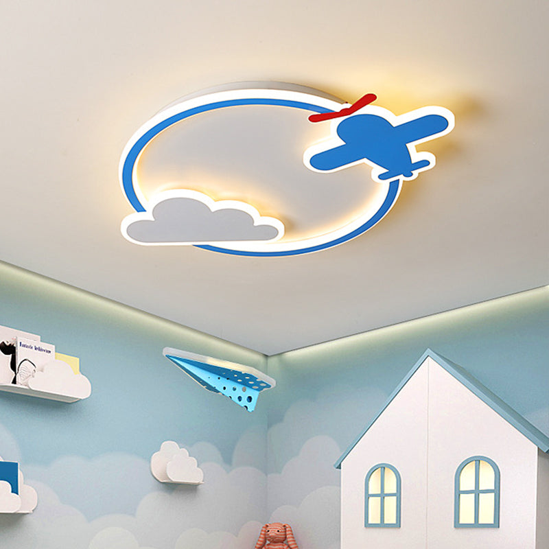 Jardín de infantes plano y en la nube, metal ligero led, fijación de techo integrado para niños, azul y blanco