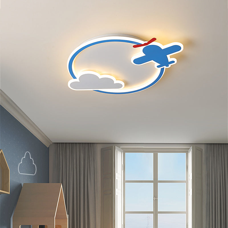 Jardín de infantes plano y en la nube, metal ligero led, fijación de techo integrado para niños, azul y blanco