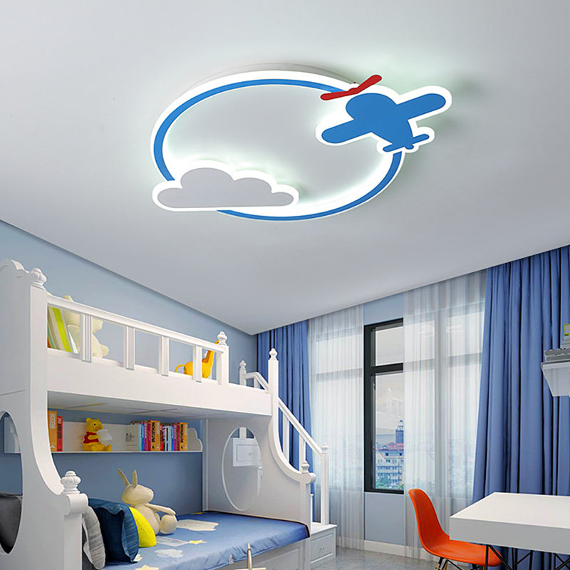Vliegtuig en Cloud Kwekerij Flush Mount Light Metal LED Kid Flushmount Plafond Armatuur, Blauw en Wit