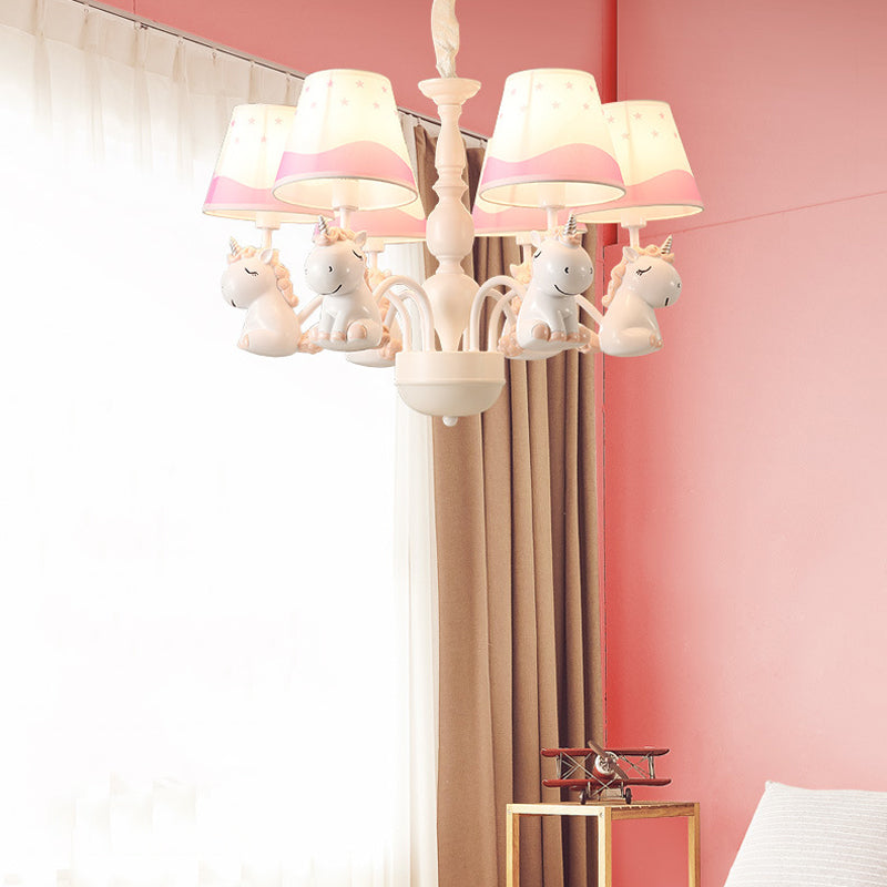 Unicorn Chandelier Lamp Cartoon Resin 5 Bulbs Nursery Hanging Light with Empire Fabric Shade