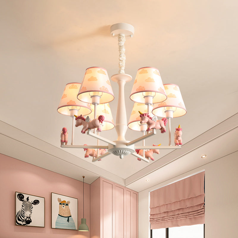 Pink Empire Shade Chandelier Light Kid Fabric Hanging Ceiling Light with Unicorn Decor