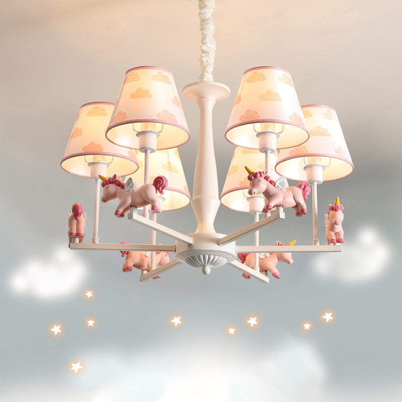 Pink Empire Shade Chandelier Light Kid Fabric Hanging Ceiling Light with Unicorn Decor