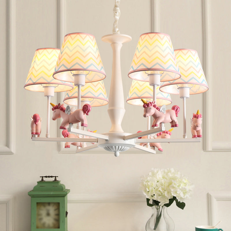Pink Empire Shade Chandelier Light Kid Fabric Hanging Ceiling Light with Unicorn Decor