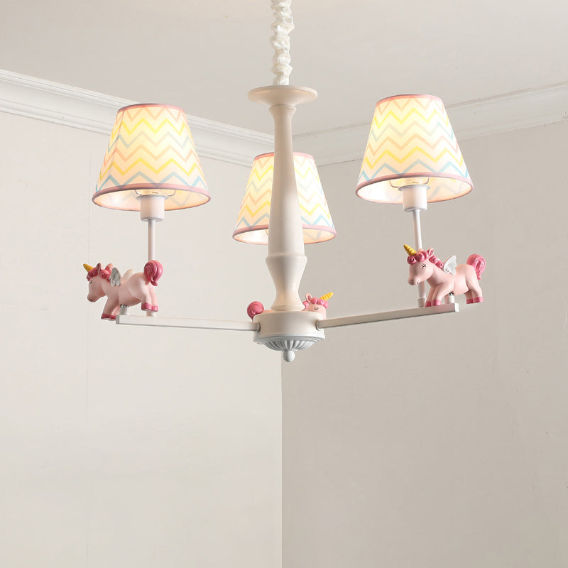 Pink Empire Shade Chandelier Light Kid Fabric Hanging Ceiling Light with Unicorn Decor