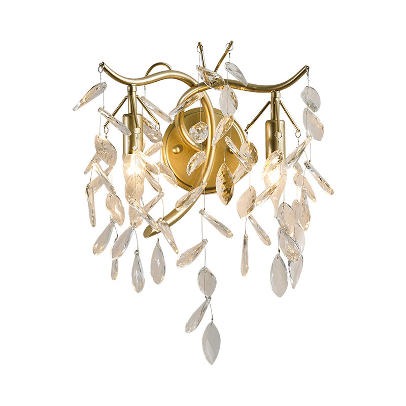 Gold Candle Sconce Light Vintage Metal 2 Lights Living Room Wall Mounted Light with Leaf Crystal Strand
