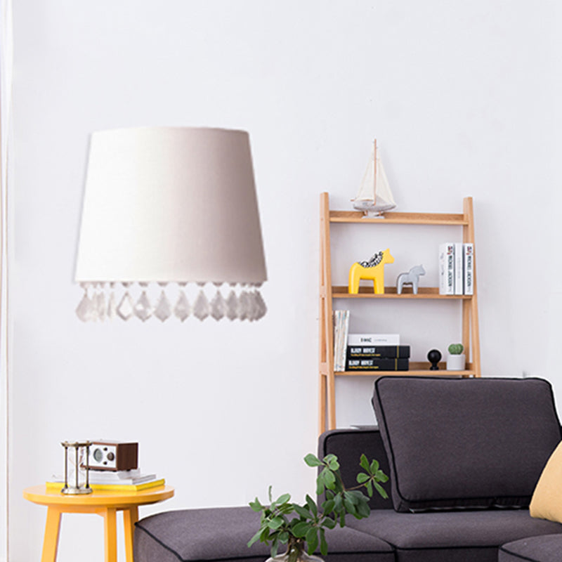 Tapered White Fabric Wall Mounted Light Traditional 1 Light Living Room Sconce Light with Crystal Drop