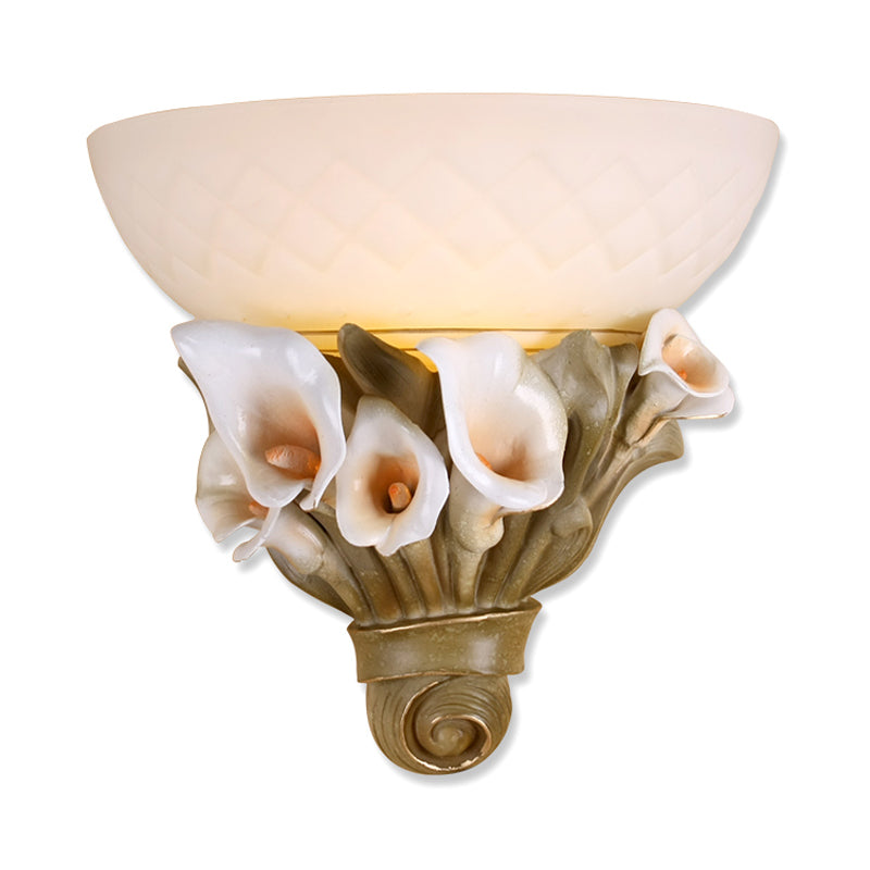 Bowl White Glass Wall Light Fixture Vintage 1 Light Bedside Sconce Light with Yellow/White Flower Design