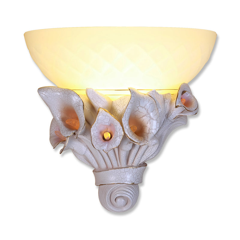 Bowl White Glass Wall Light Fixture Vintage 1 Light Bedside Sconce Light with Yellow/White Flower Design