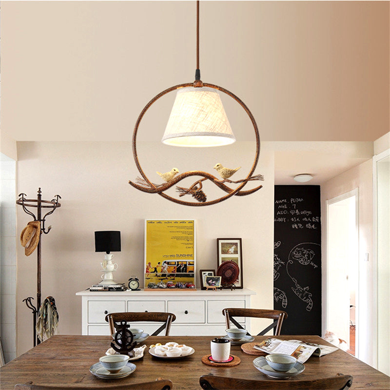 1 Light Cone Pendant Lighting Country Rust Fabric Hanging Ceiling Light with Metal Frame and Bird Decoration