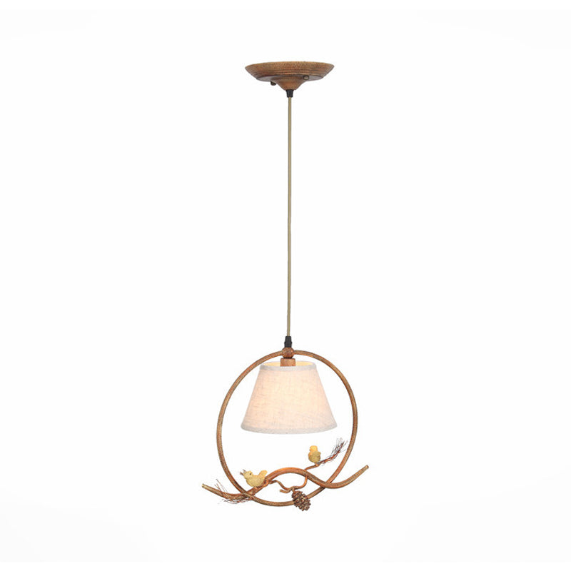 1 Côté Cône Light Pendant Country Rust Fabric de plafond suspendu avec cadre en métal et décoration d'oiseaux