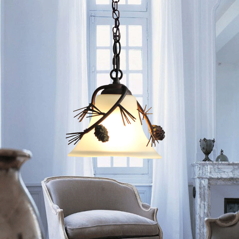 Milk Glass Bell Pendant Light Rustic 1 Light Hanging Light in Bronze with Pine Decoration