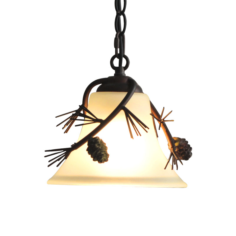 Milk Glass Bell Pendant Light Rustic 1 Light Hanging Light in Bronze with Pine Decoration