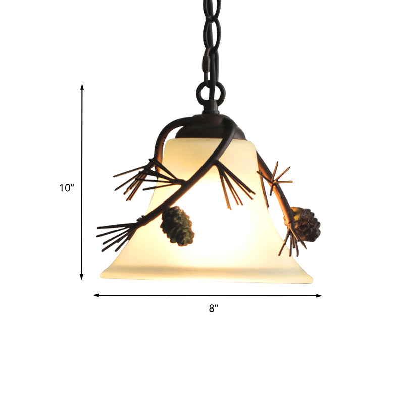 Milk Glass Bell Pendant Light Rustic 1 Light Hanging Light in Bronze with Pine Decoration