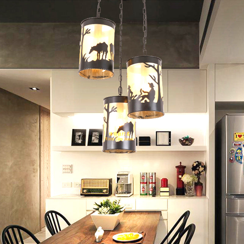 1/3 Lights Cylinder Pendant Fixture Country Metal Ceiling Light in Black/Antique Brass with Round/Linear Canopy