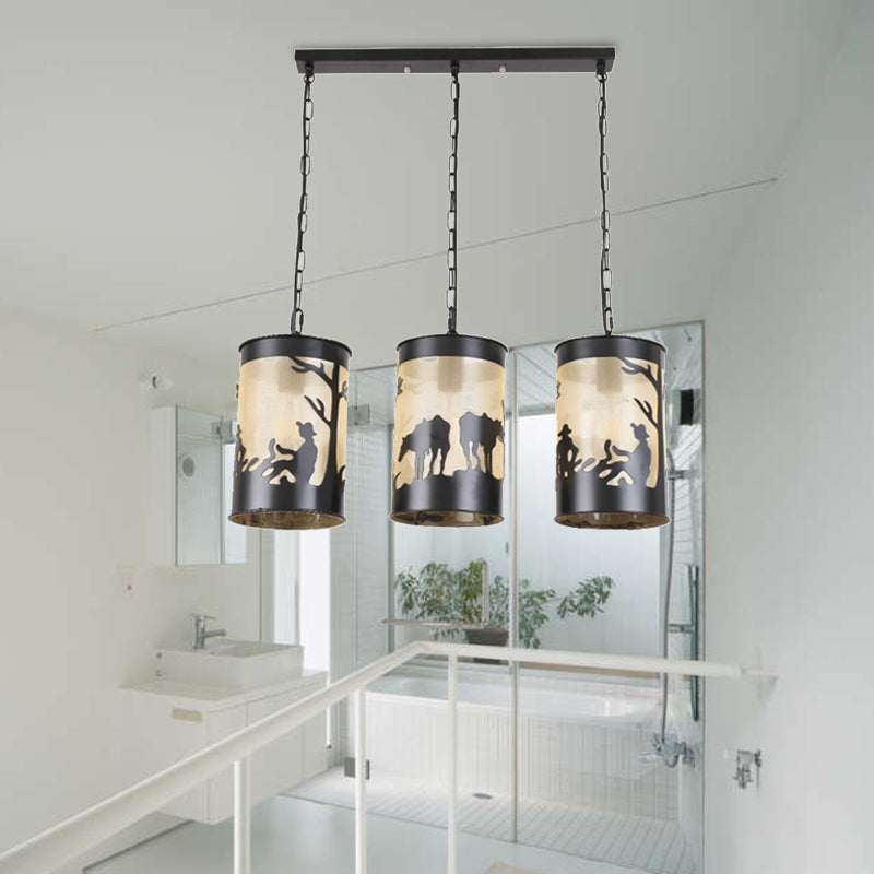 1/3 Lights Cylinder Pendant Fixture Country Metal Ceiling Light in Black/Antique Brass with Round/Linear Canopy
