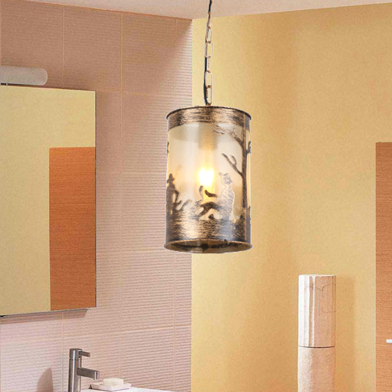 1/3 Lights Cylinder Pendant Fixture Country Metal Ceiling Light in Black/Antique Brass with Round/Linear Canopy