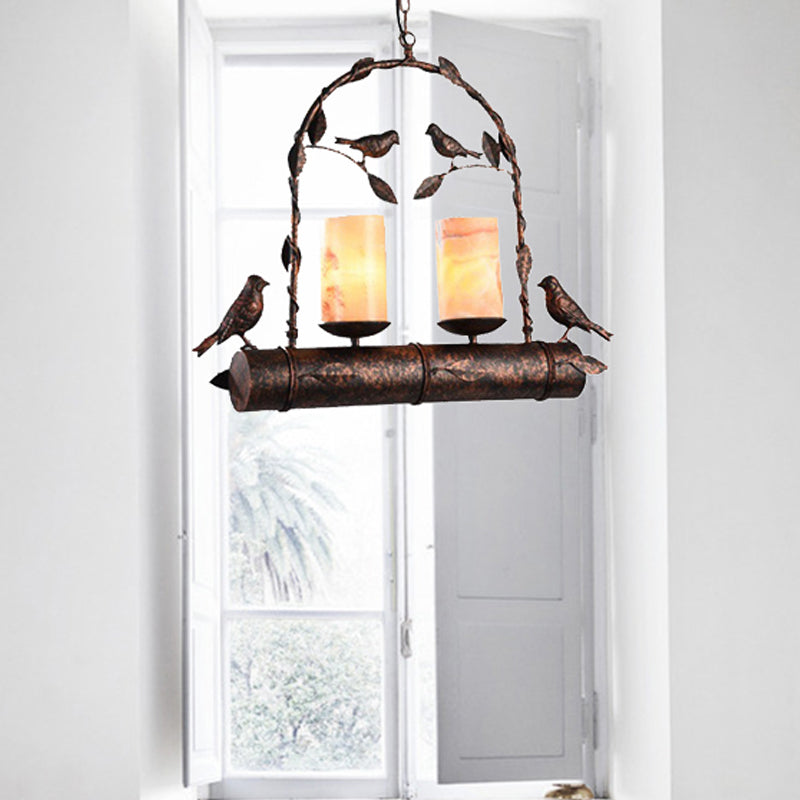 2 Lights Cluster Pendant Country Style Candle Metal Hanging Lamp in Rust with/without Marble Shade