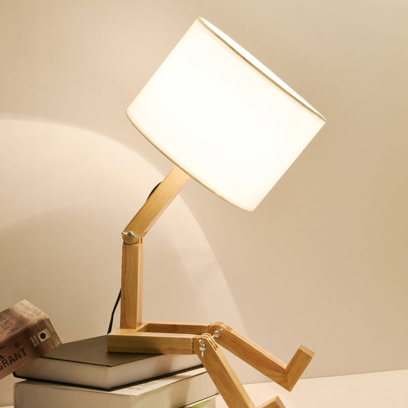 1 Head Sitting Robot Desk Light with Cylinder Shade Modern Wood Desk Lamp in White for Bedside Table