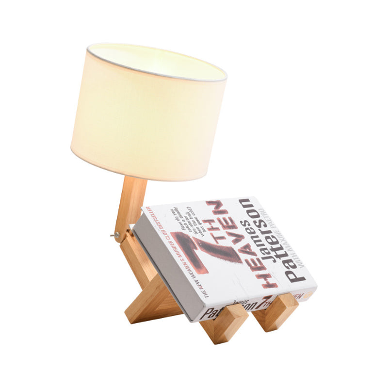 1 Head Sitting Robot Desk Light with Cylinder Shade Modern Wood Desk Lamp in White for Bedside Table