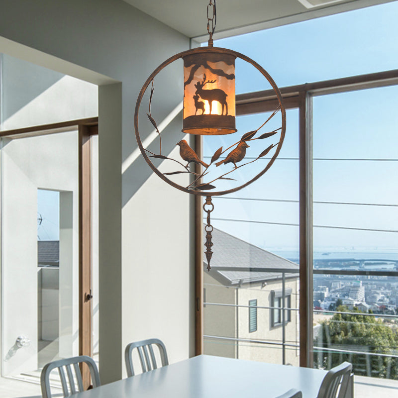 Bronze 1/2/3 Lights Pendant Lighting Rustic Fabric Cylinder Hanging Lamp for Restaurant with Metal Ring and Bird