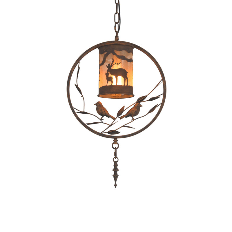 Bronze 1/2/3 Lights Pendant Lighting Rustic Fabric Cylinder Hanging Lamp for Restaurant with Metal Ring and Bird