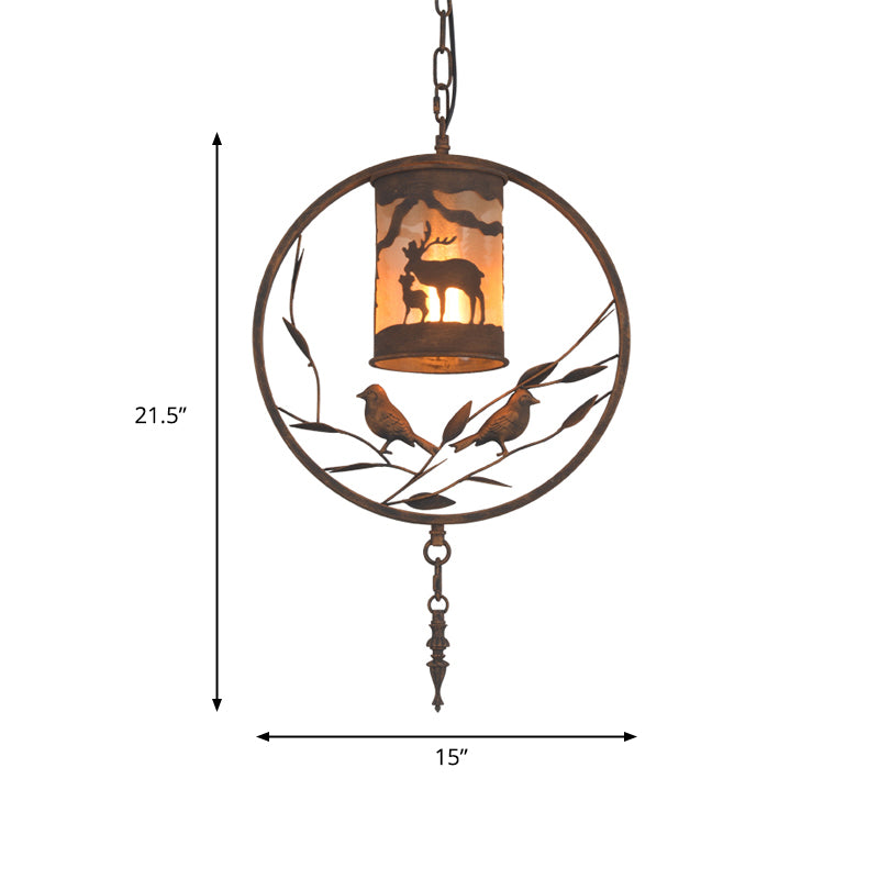 Bronze 1/2/3 Lights Pendant Lighting Rustic Fabric Cylinder Hanging Lamp for Restaurant with Metal Ring and Bird