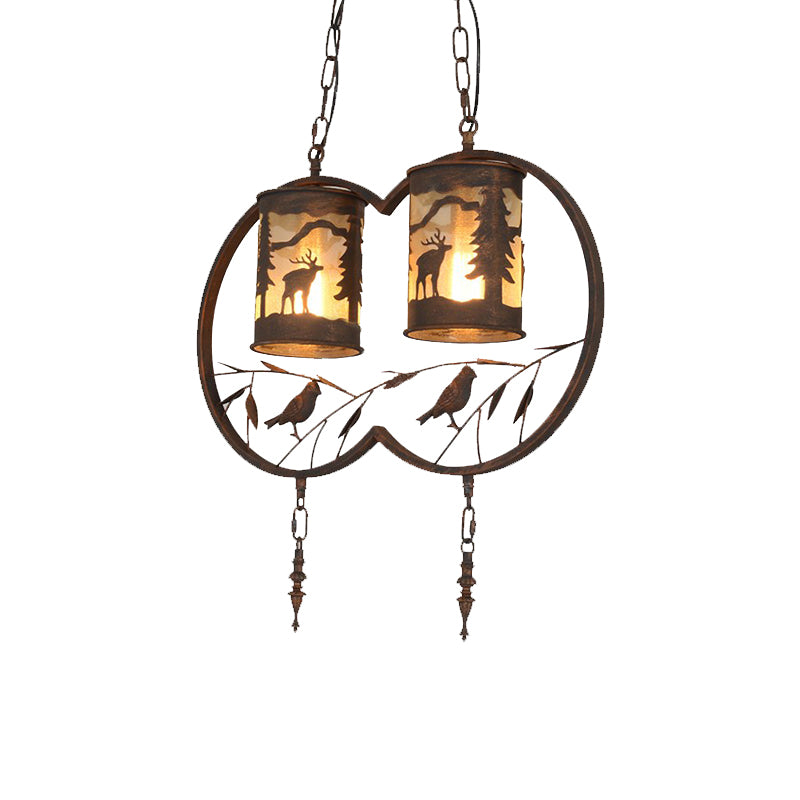 Bronze 1/2/3 Lights Pendant Lighting Rustic Fabric Cylinder Hanging Lamp for Restaurant with Metal Ring and Bird