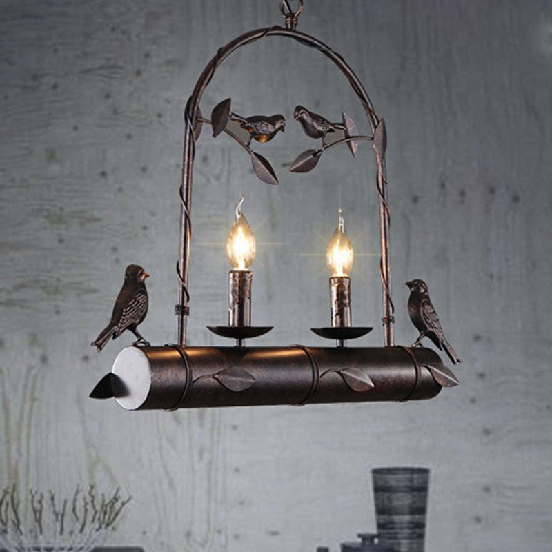 2 Lights Cluster Pendant Country Style Candle Metal Hanging Lamp in Rust with/without Marble Shade